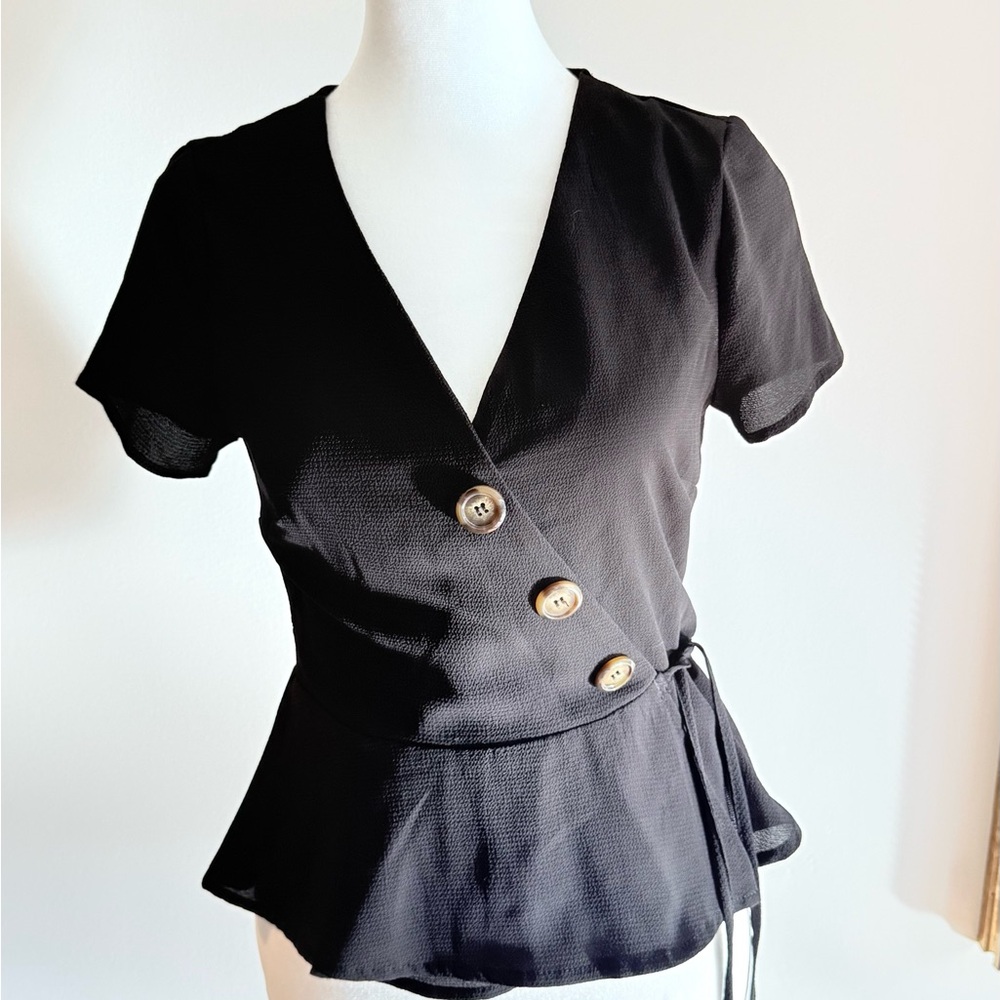Chic Black Buttoned Wrap Blouse NWT - image 1